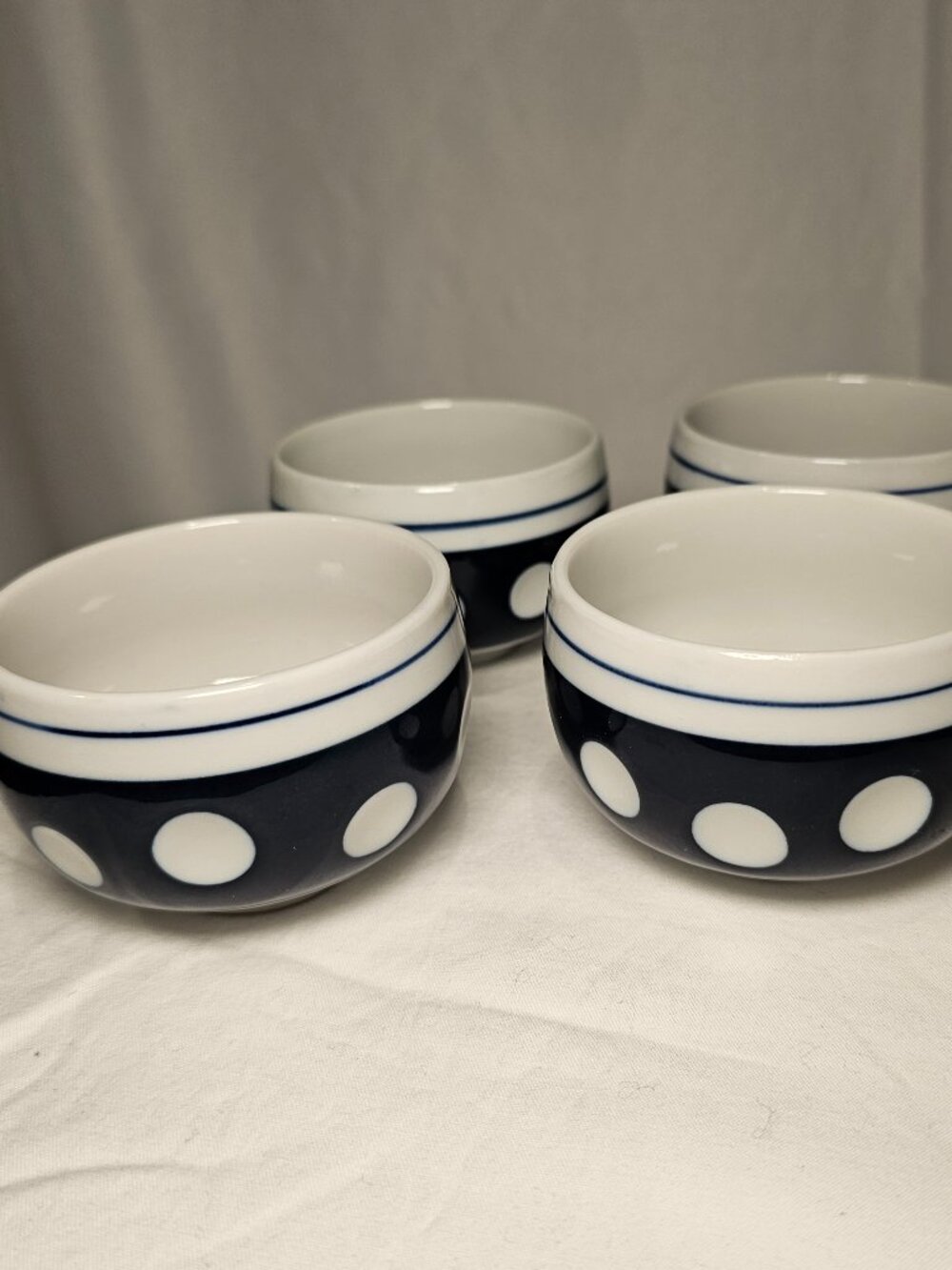 Vintage Japanese Mizutama Blue White Polka Dot Hand Painted Teacups Set of 4
